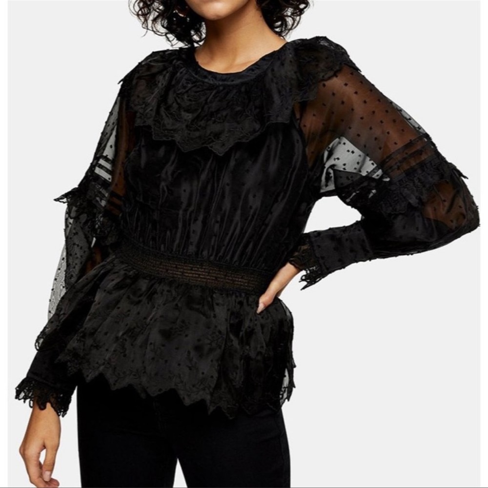 NWT Topshop Lace Long Sleeve Black Blouse Size 6